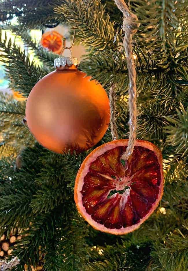 DIY dried orange slice ornaments hanging on Christmas tree next to a burnt orange glass ornament