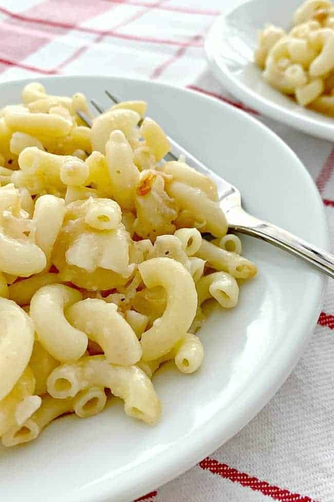 homemade cheesy mac and cheese on white dish with fork