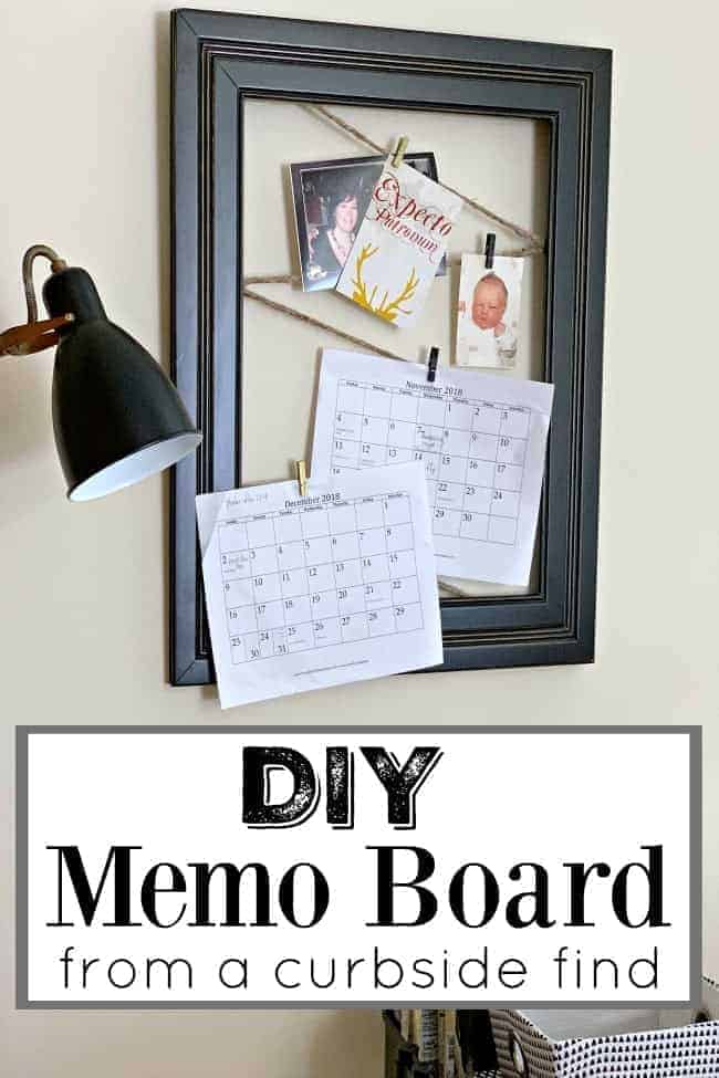 DIY memo board made with twine and large black frame hanging on wall with floor lamp next to it, plus a large graphic