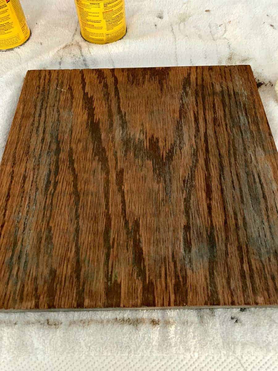 piece of oak wood after stain is applied