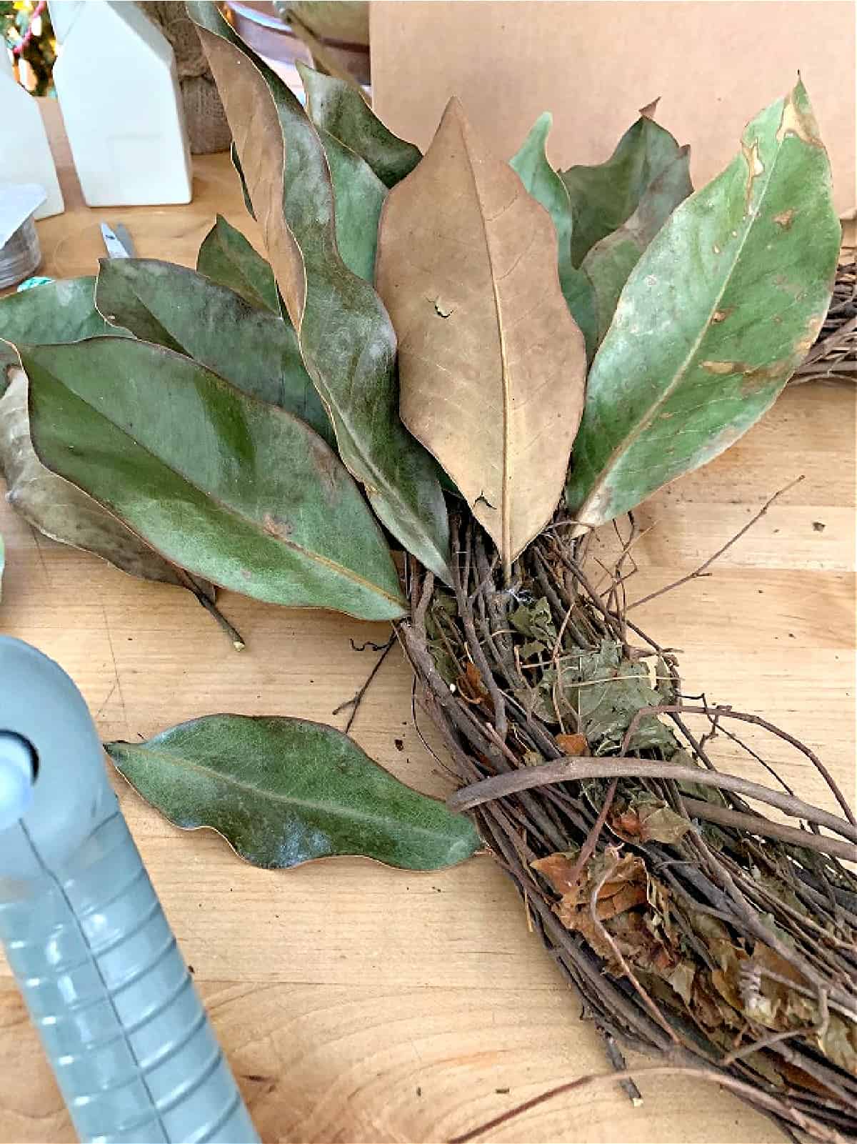 magnolia leaves on wreath form