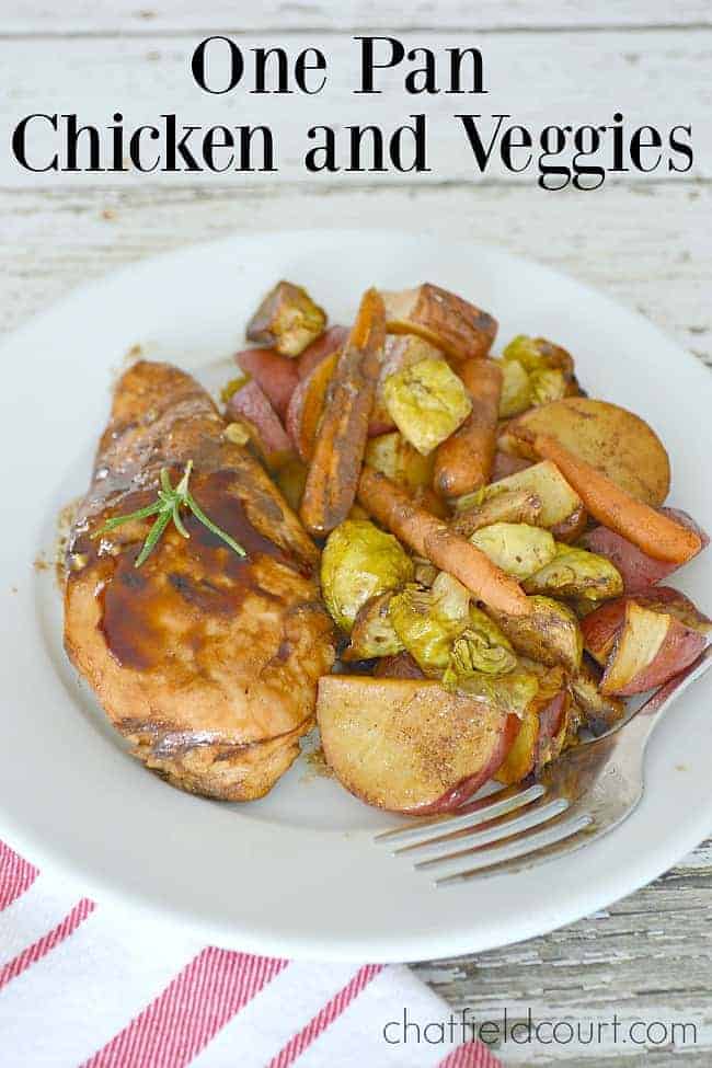 balsamic chicken and roasted vegetables on a white plate