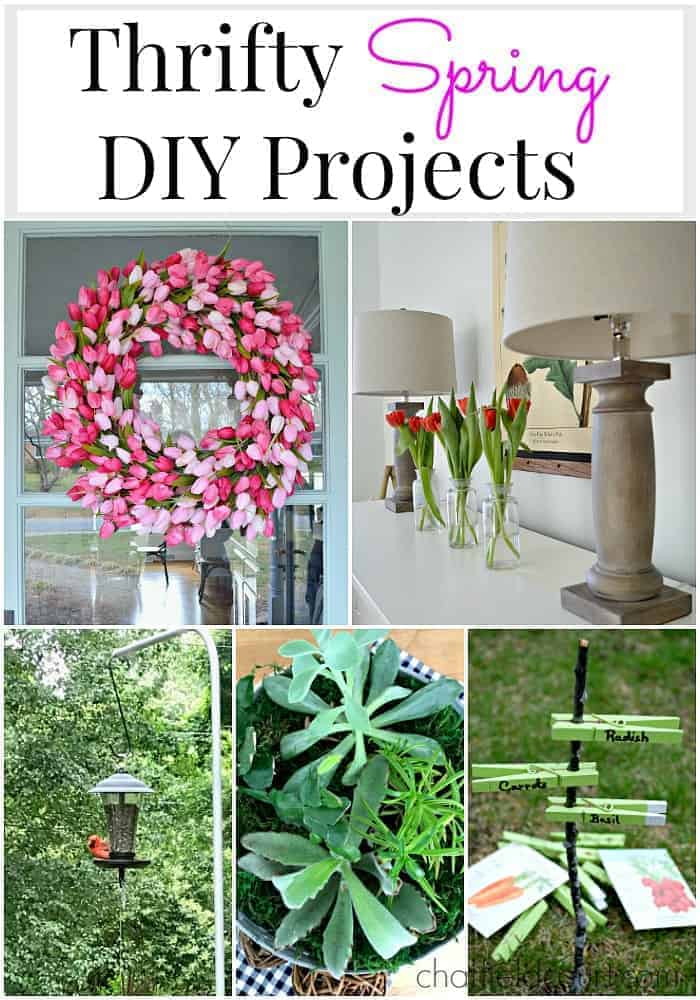 collage of thrifty spring DIY projects including a tulip wreath and garden markers