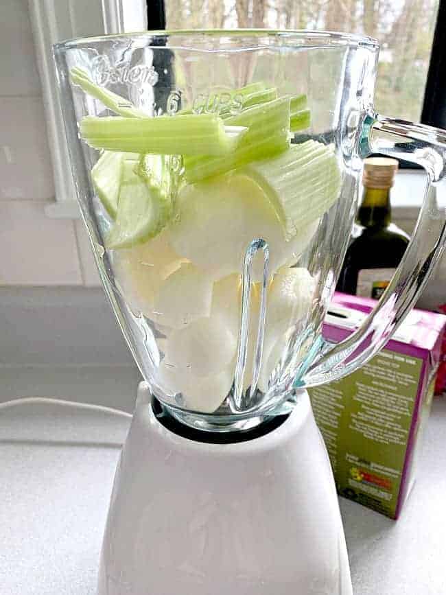 blender filled with celery and onion 