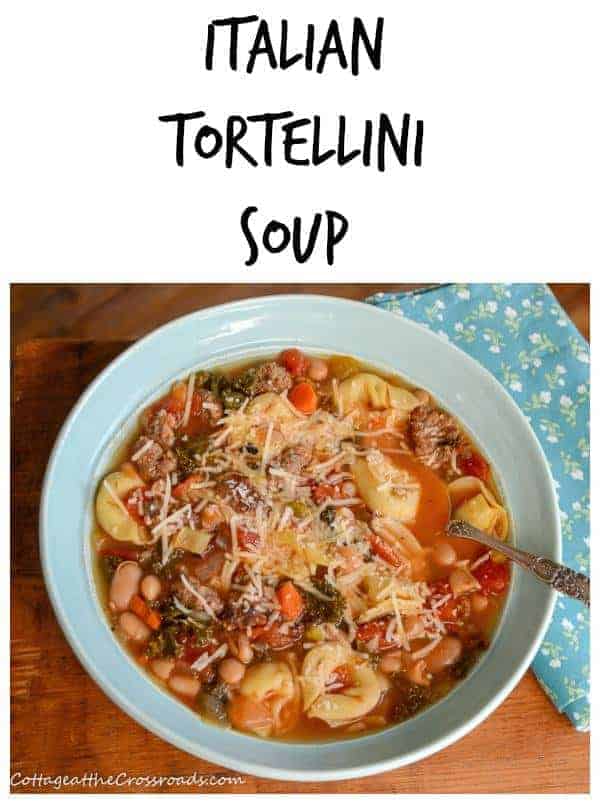 Italian tortellini soup in a blue bowl with a spoon