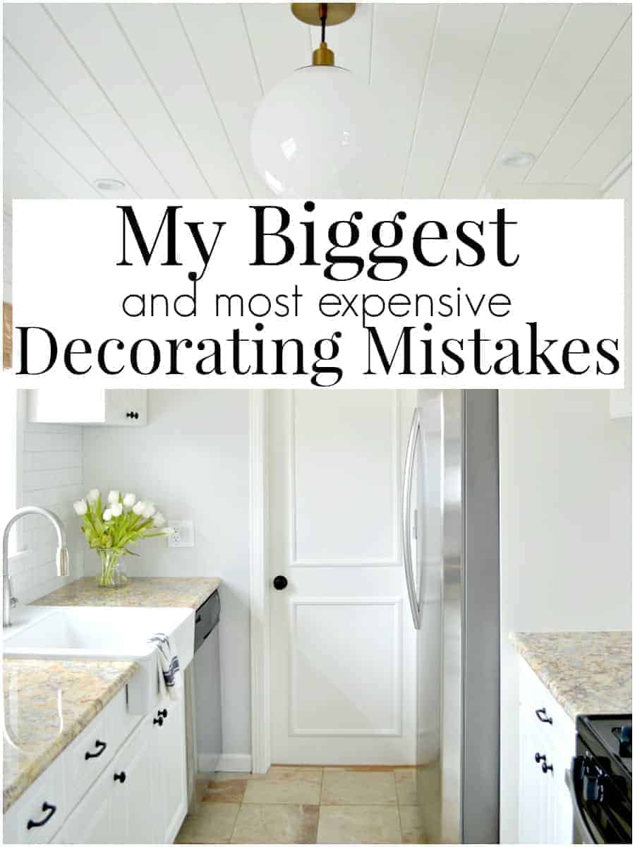 image of white galley kitchen with biggest decorating mistakes graphic