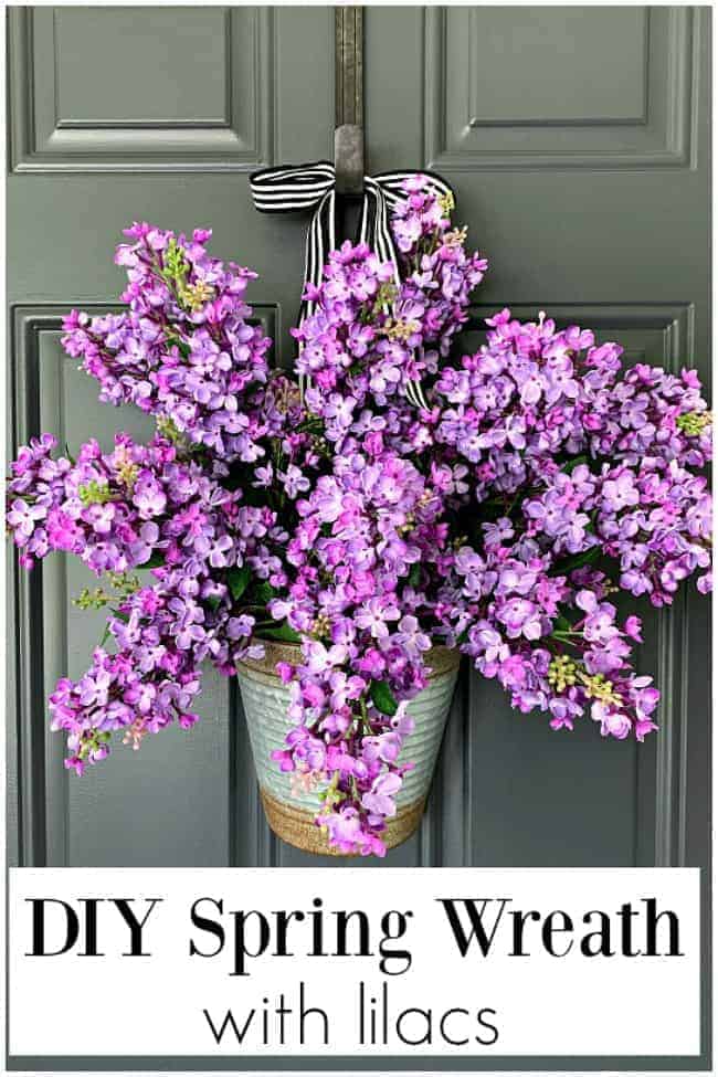Easy DIY Spring Wreath with Lilacs pinterest diy spring wreath with lilacs hanging on dark charcoal door, and large graphic