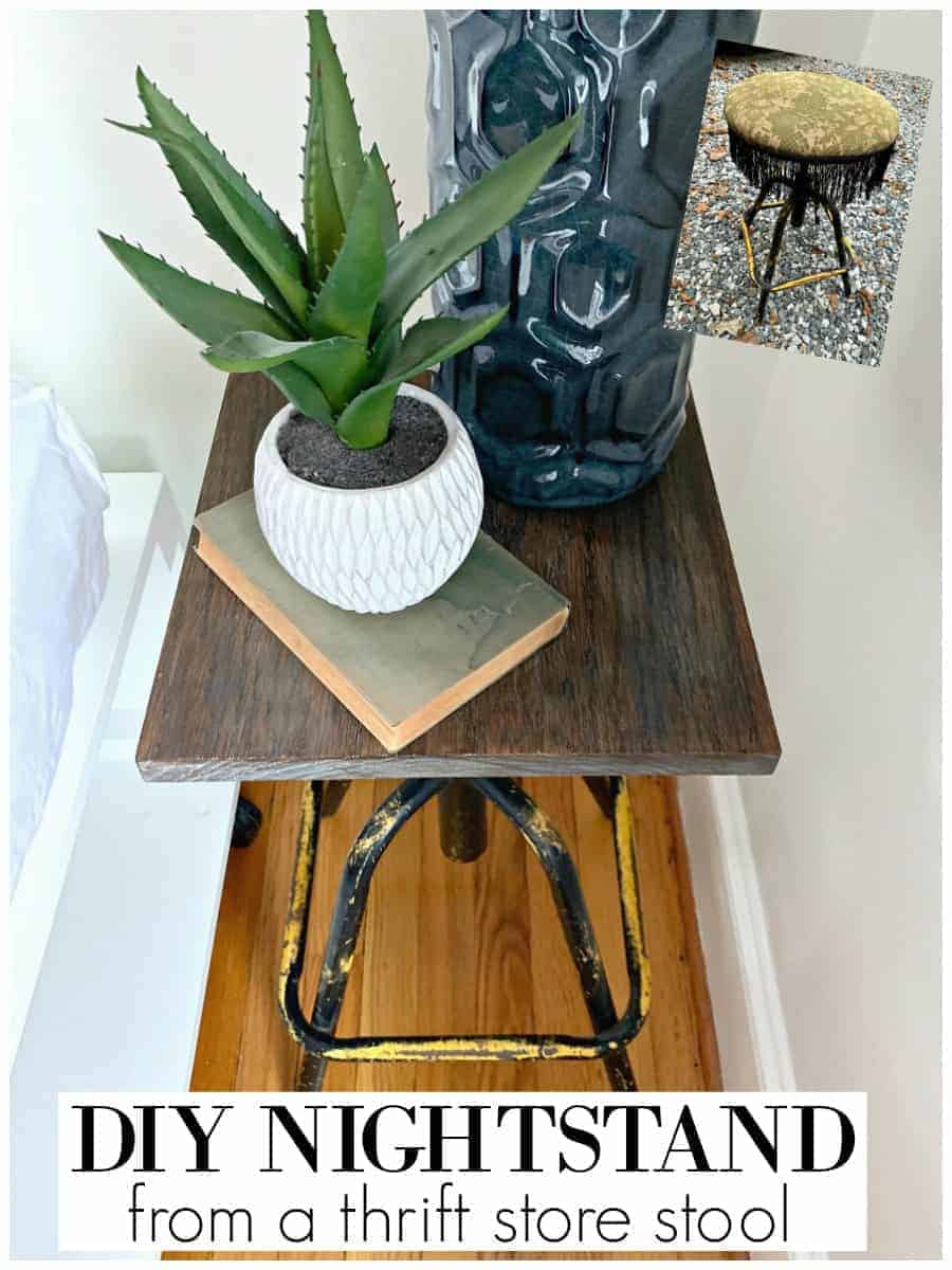 completed picture of easy DIY nightstand in corner of guest bedroom with plant on book and blue lamp