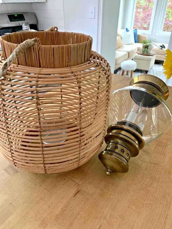 rattan basket and old light fixture