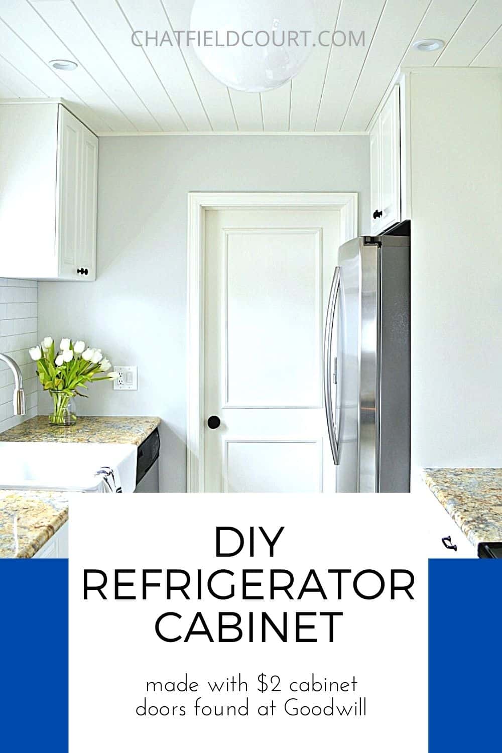 DIY refrigerator cabinet in a remodeled white kitchen