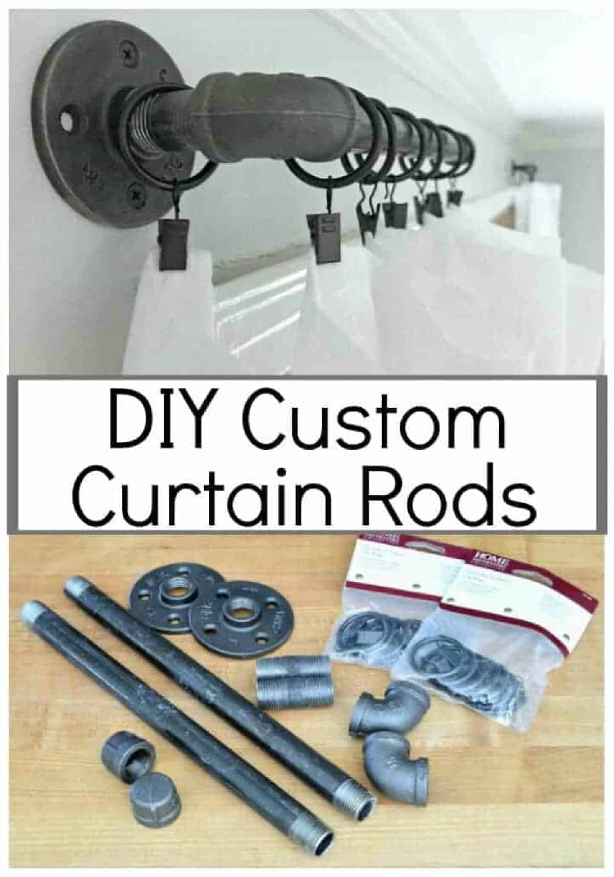 DIY curtain rods and supplies, plus a large Pinterest graphic