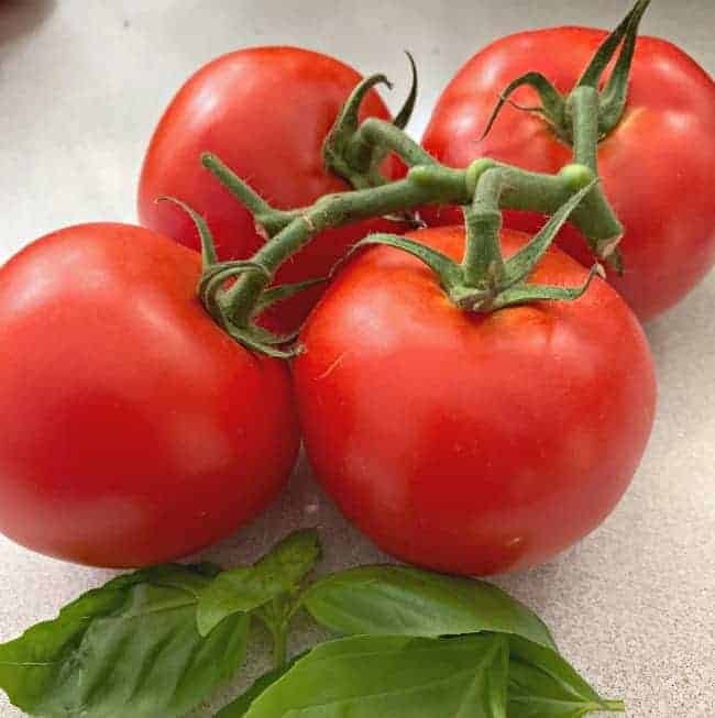 4 vine ripe tomatoes and fresh basil leaves