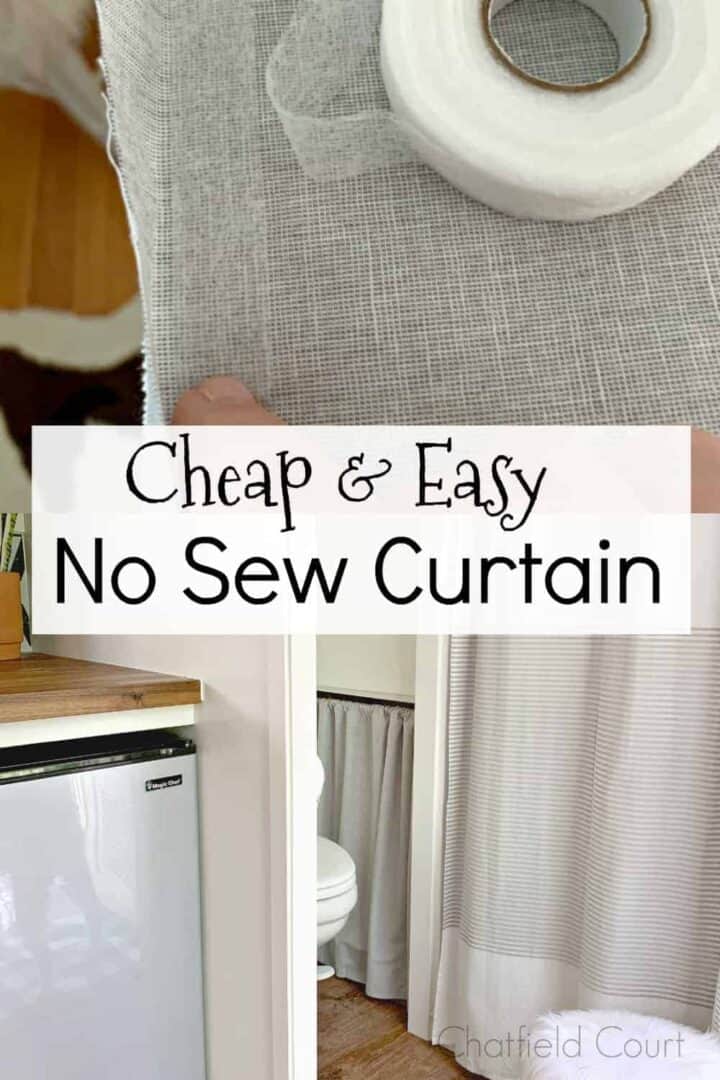 double pic of making no sew curtain and completed no sew curtain, with a large graphic