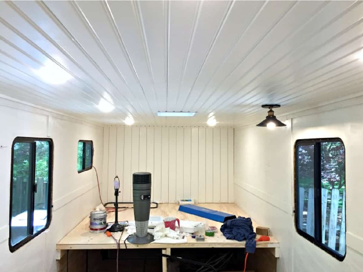 white RV ceiling with disc lights installed