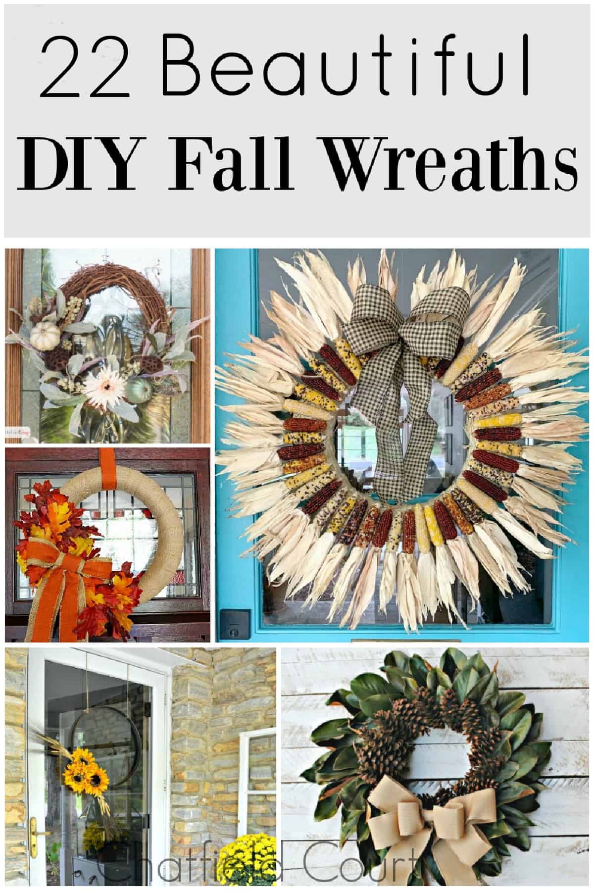collage of DIY fall wreaths with a large graphic