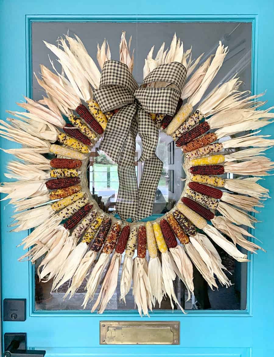 DIY Indian Corn Wreath Indian corn wreath hanging on turquoise front door