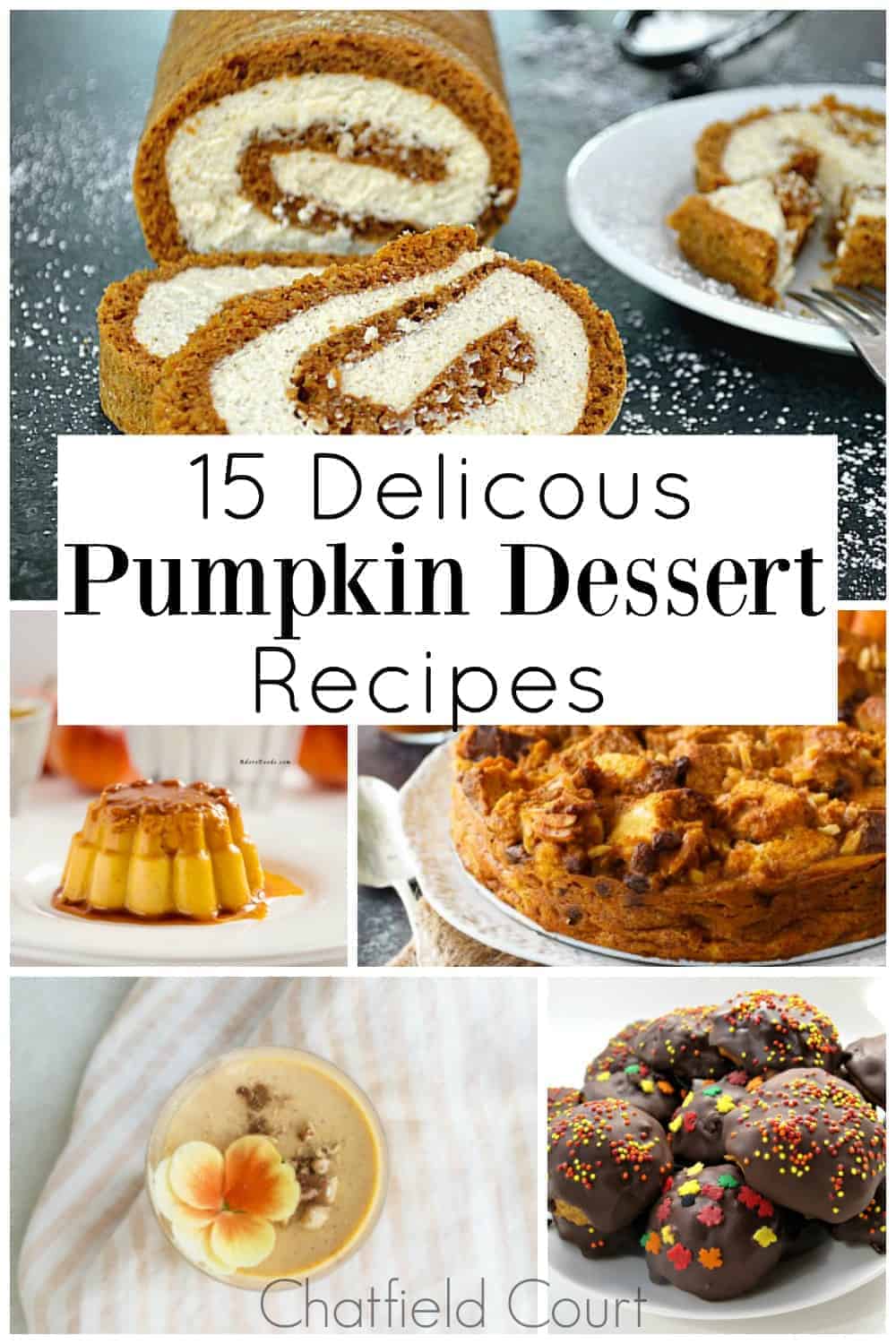 collage of different pumpkin dessert recipes with a large graphic