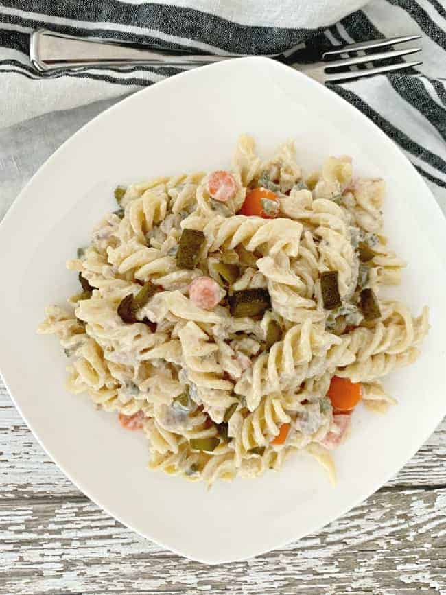 easy tuna pasta salad on white dish
