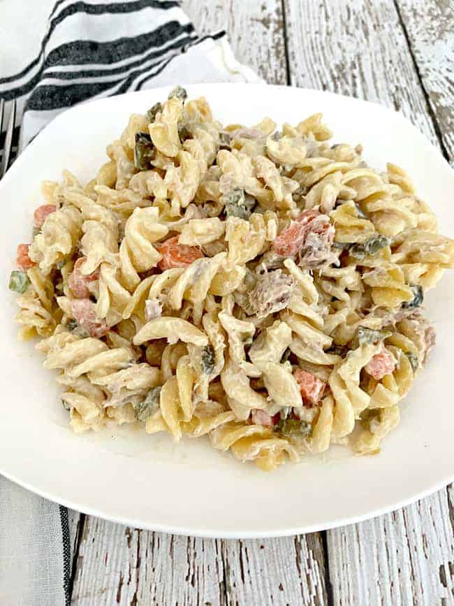 easy tuna pasta salad on white plate