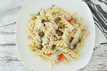 easy tuna pasta salad on white dish