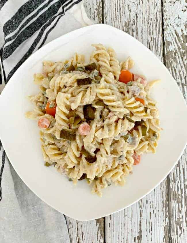 easy tuna pasta salad on white dish