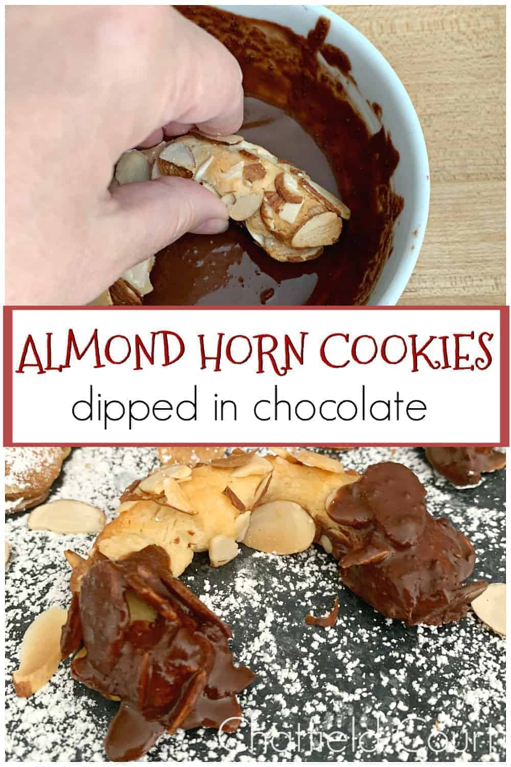 dipping almond horn cookies in a bowl of melted semi-sweet chocolate and dipping almond horn cookies in a bowl of melted semi-sweet chocolate