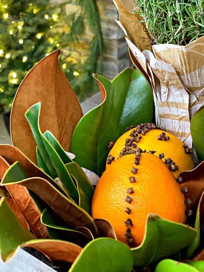 orange pomanders and magnolia leaves in planter on front porch decorated for Christmas