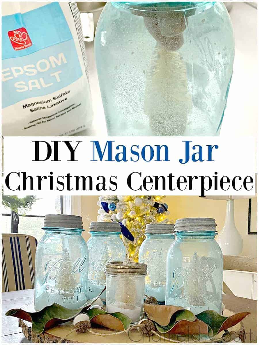 DIY mason jar Christmas centerpiece on dining table with tree in background and large grapgic