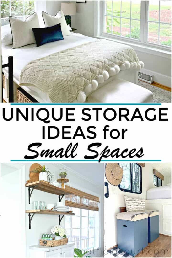 collage of unique storage ideas in a small home and a large graphic