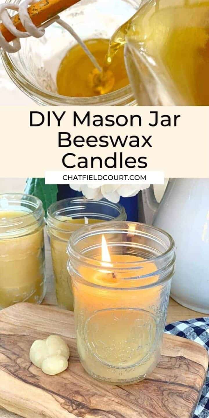 collage with mason jar beeswax candle and pouring melted liquid wax into mason jar with wick
