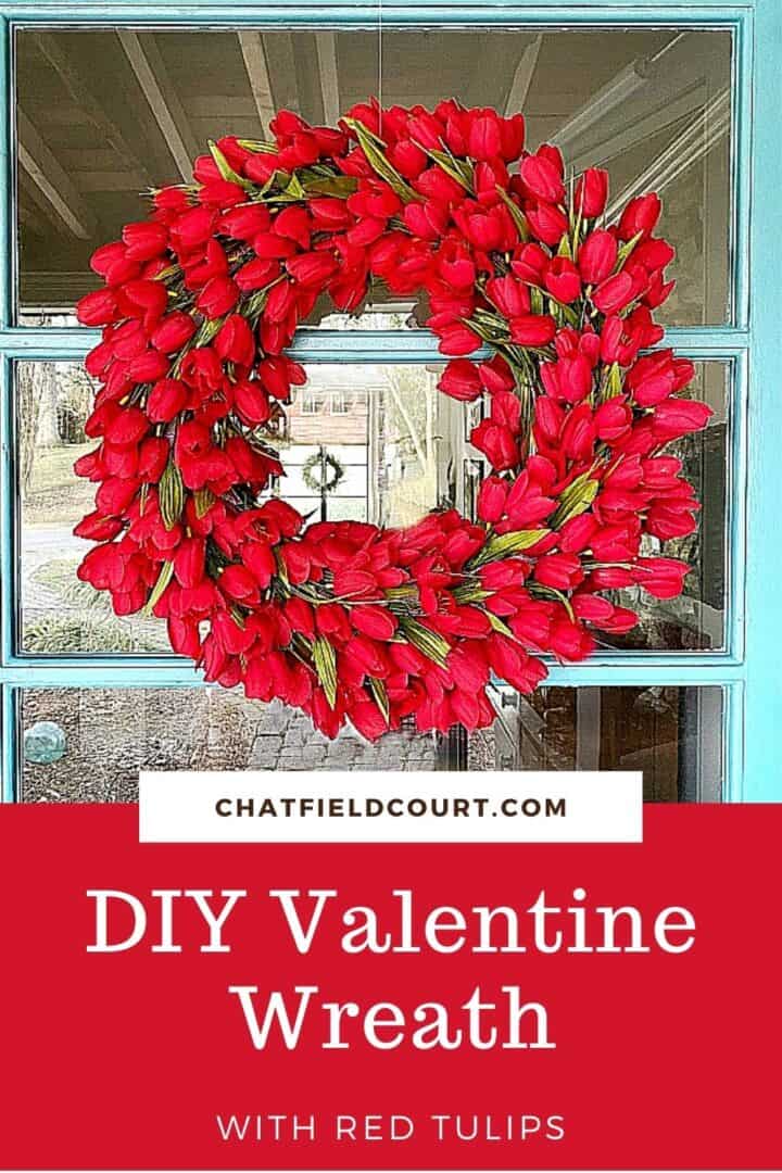 red tulip valentine wreath on turquoise front door