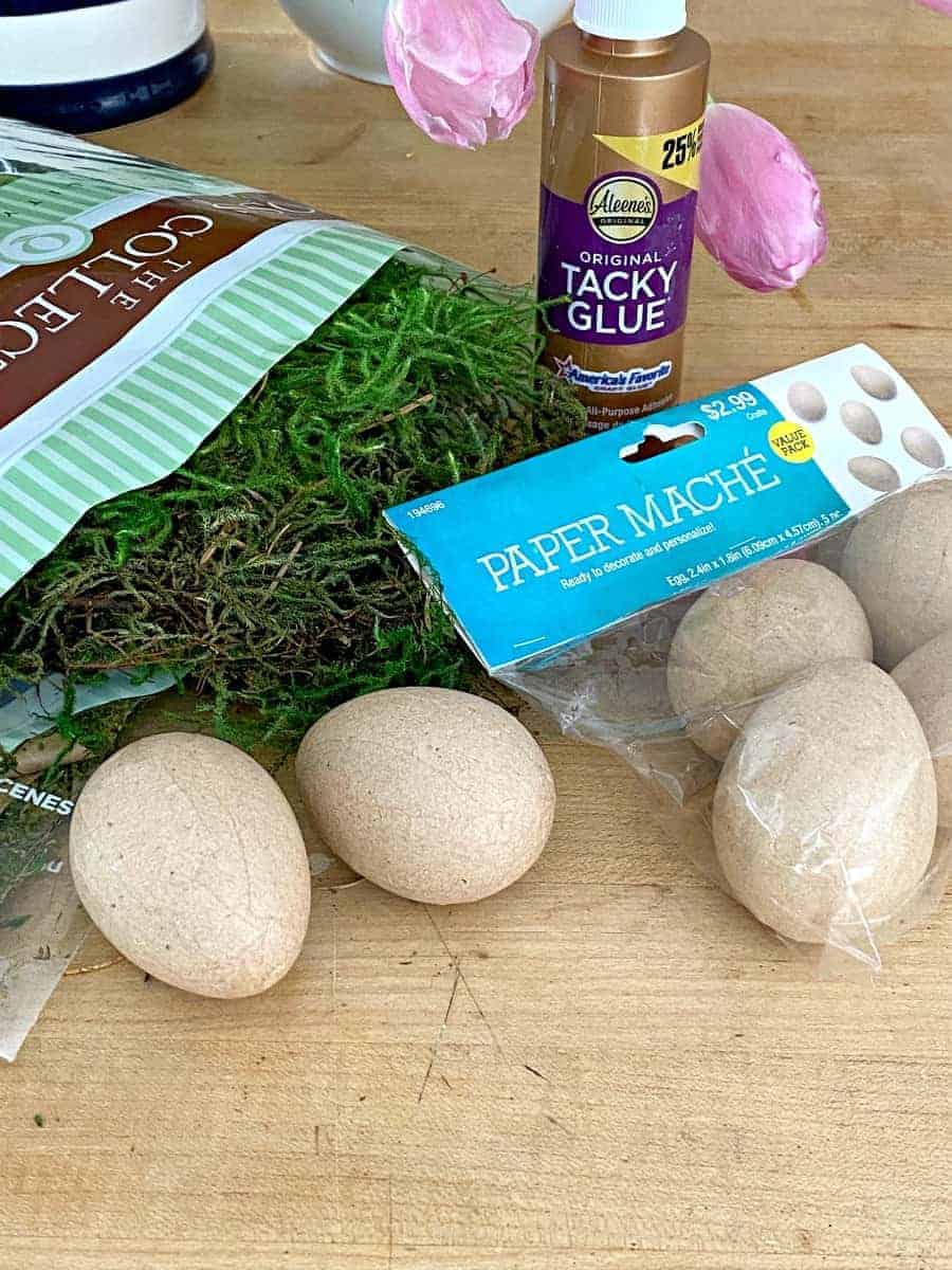 supplies to make moss covered eggs, moss, tacky glue and paper mache eggs