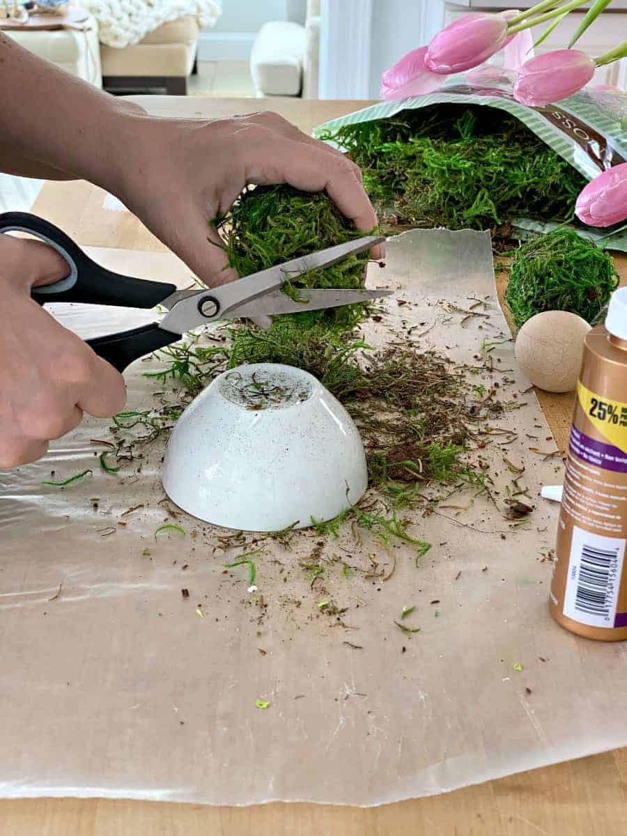 trimming moss covered Easter egg with scissors