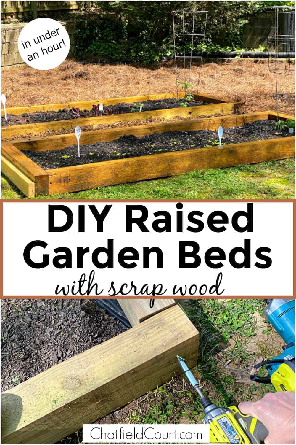 collage of diy raised garden beds and building raised garden bed plus large graphic