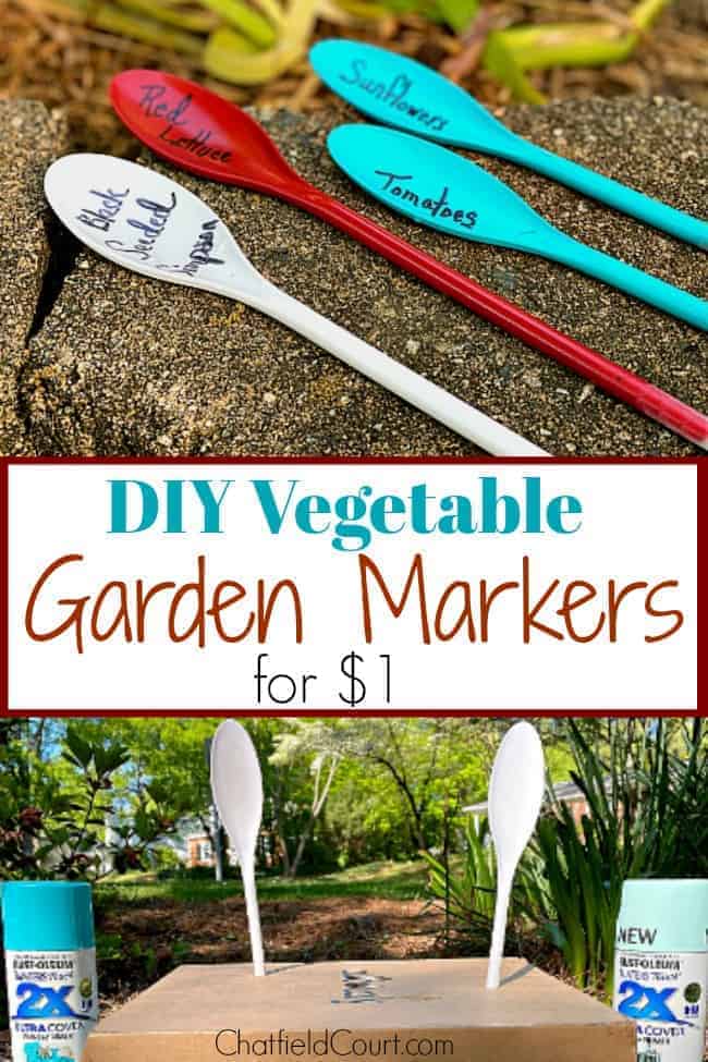 collage of 4 plastic spoons in different colors laying on wood mulch and spray paint and white plastic spoons in a box