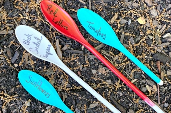 4 plastic spoons in different colors laying on wood mulch