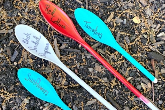 4 plastic spoons in different colors laying on wood mulch