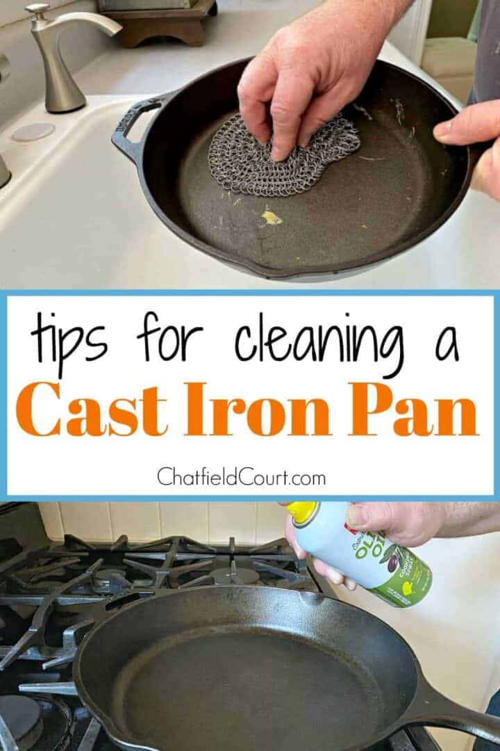 collage with person cleaning cast iron pan in sink with scrubber