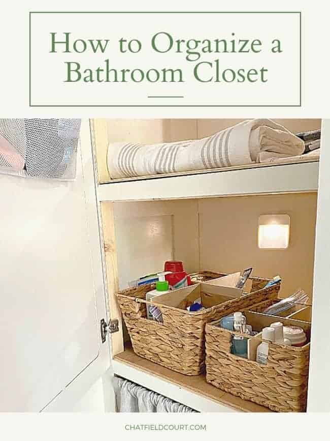 RV linen closet with woven basket filled with toiletries
