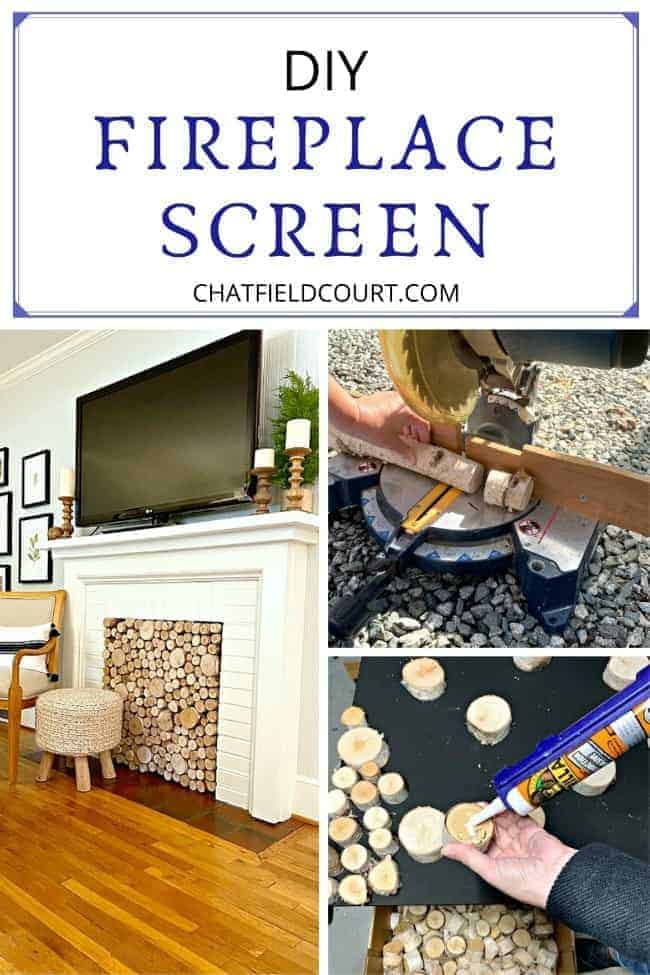 collage of DIY fireplace screen with birch logs