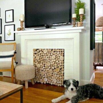 DIY fireplace screen in fireplace with tv on mantle