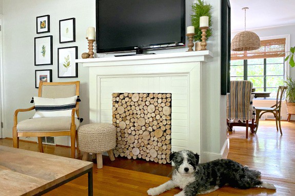 DIY Fireplace Screen with Birch Log Slices