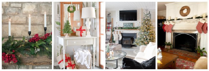 A room filled with furniture and a fireplace decorated for Christmas