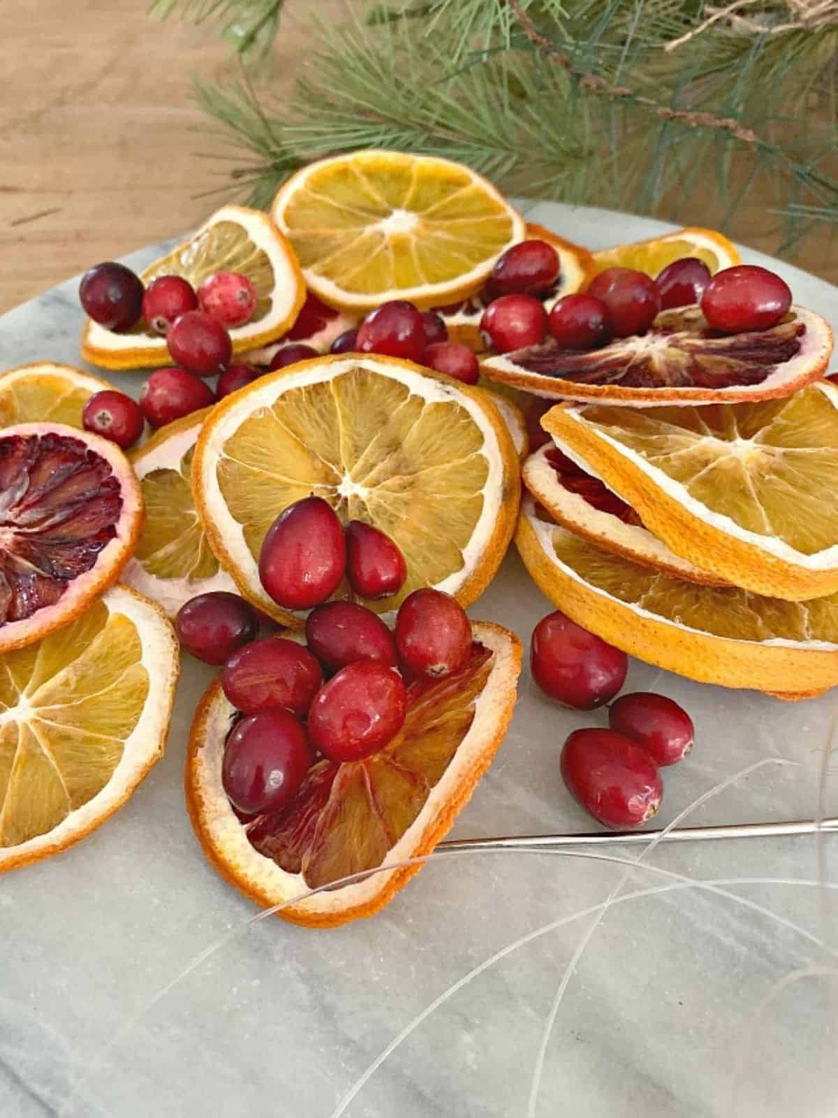 dried orange slices and cranberries