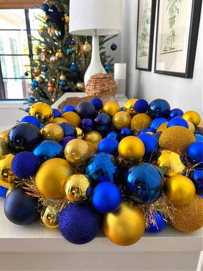 side view of blue and gold ornament wreath