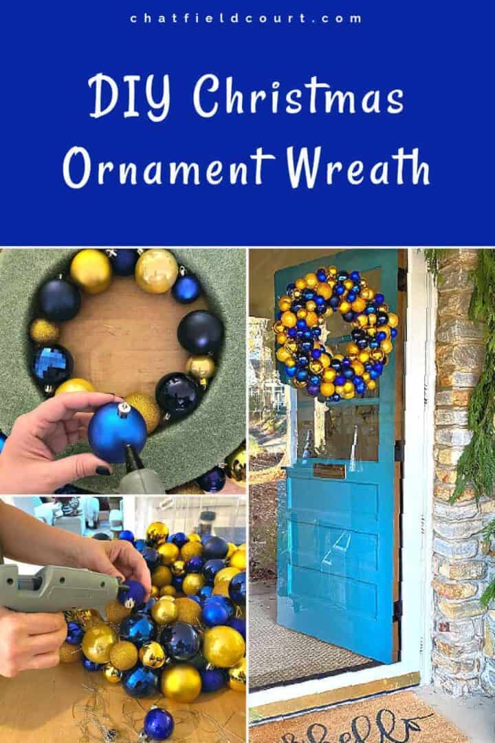 ornament wreath hanging on front door and large graphic