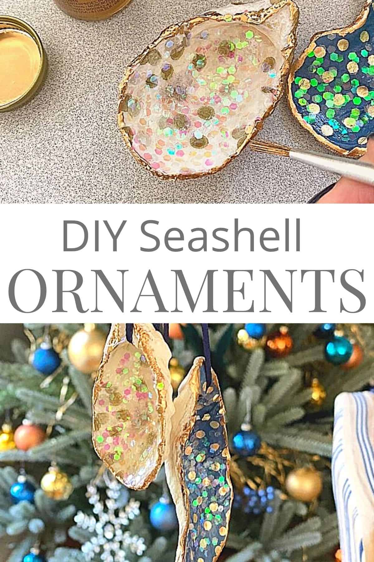 painting DIY shell ornament and 2 completed seashell ornaments