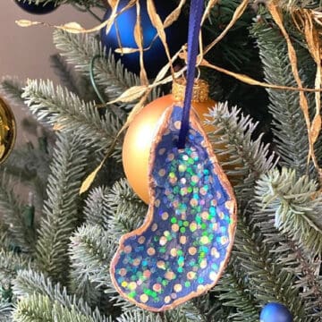 DIY seashell ornament hanging on a Christmas tree