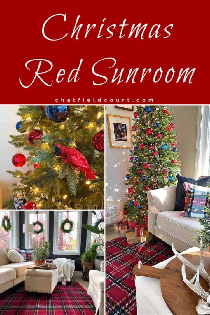 collage of red Christmas decor in a small sunroom, along with a large graphic