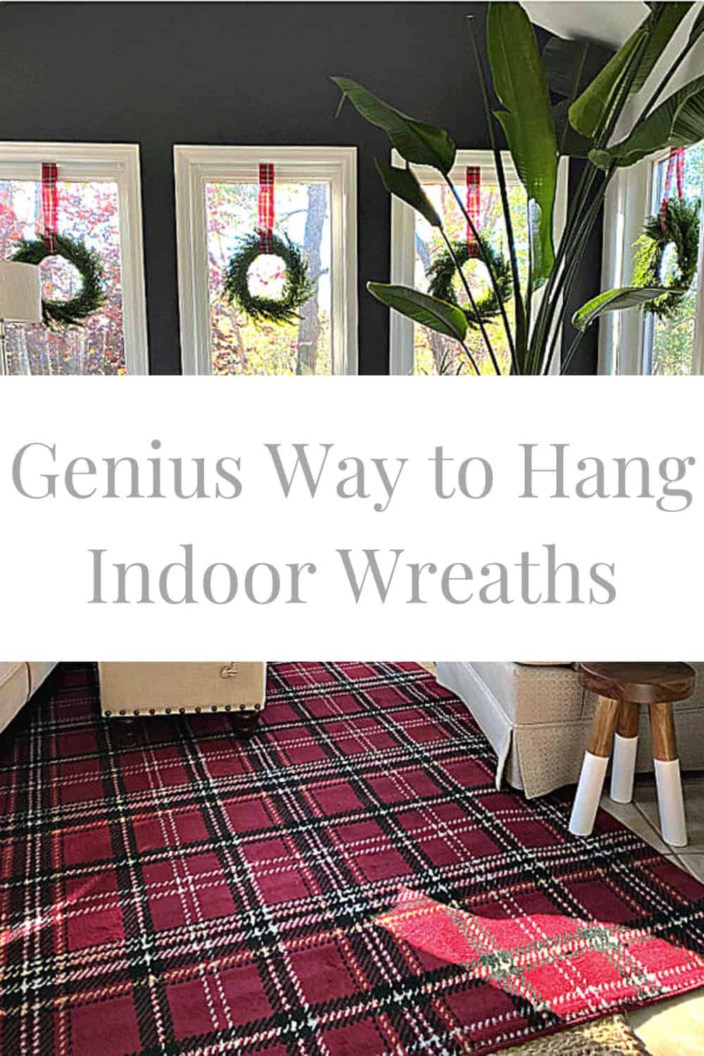 sunroom decorated in red for Christmas with wreaths in the windows